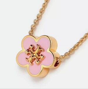 Tory Burch Pink Enamel Floral Logo Pendant Necklace - Gold Trim